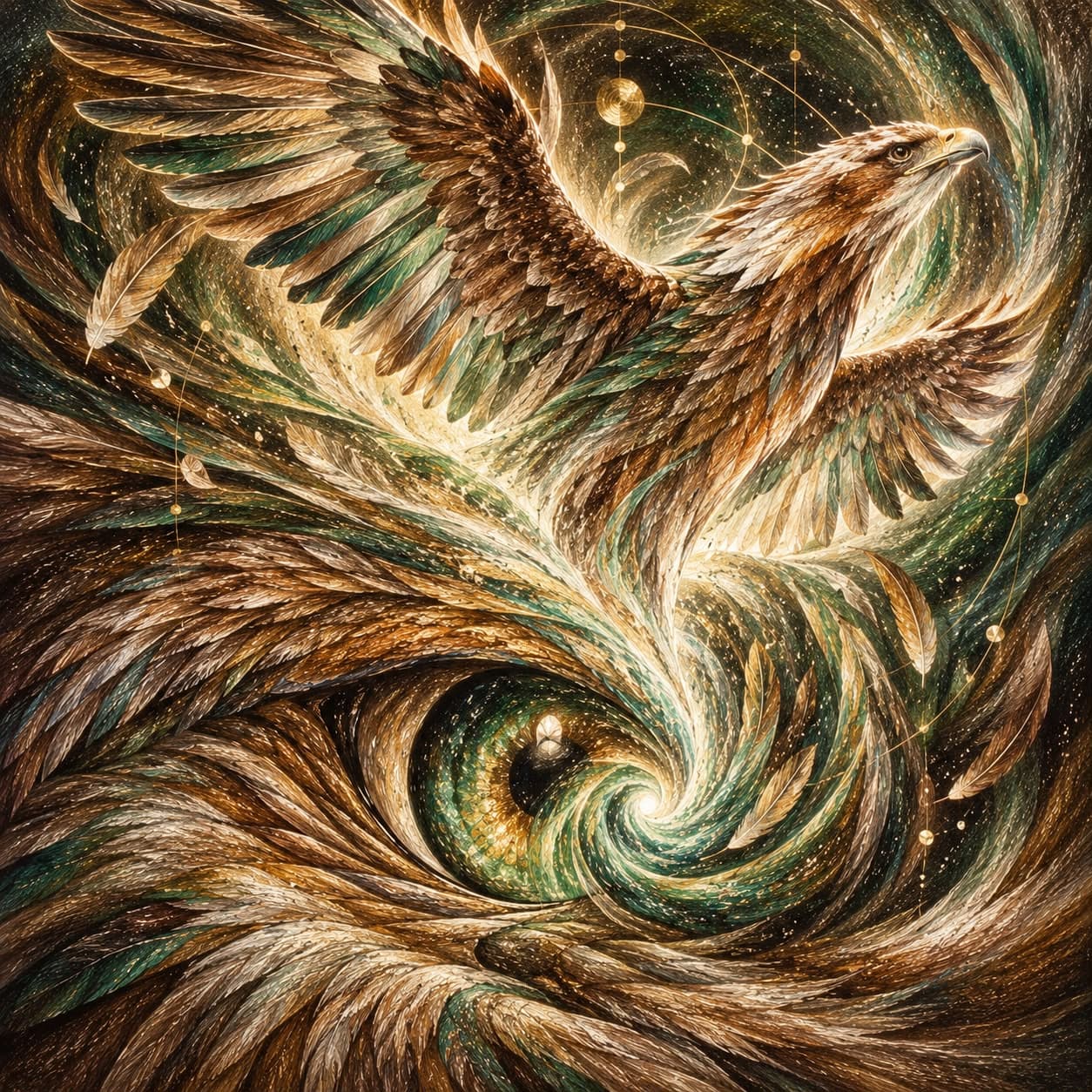 An eagle with outstretched wings rising from a vortex of brown, green and gold feathers that forms an eye