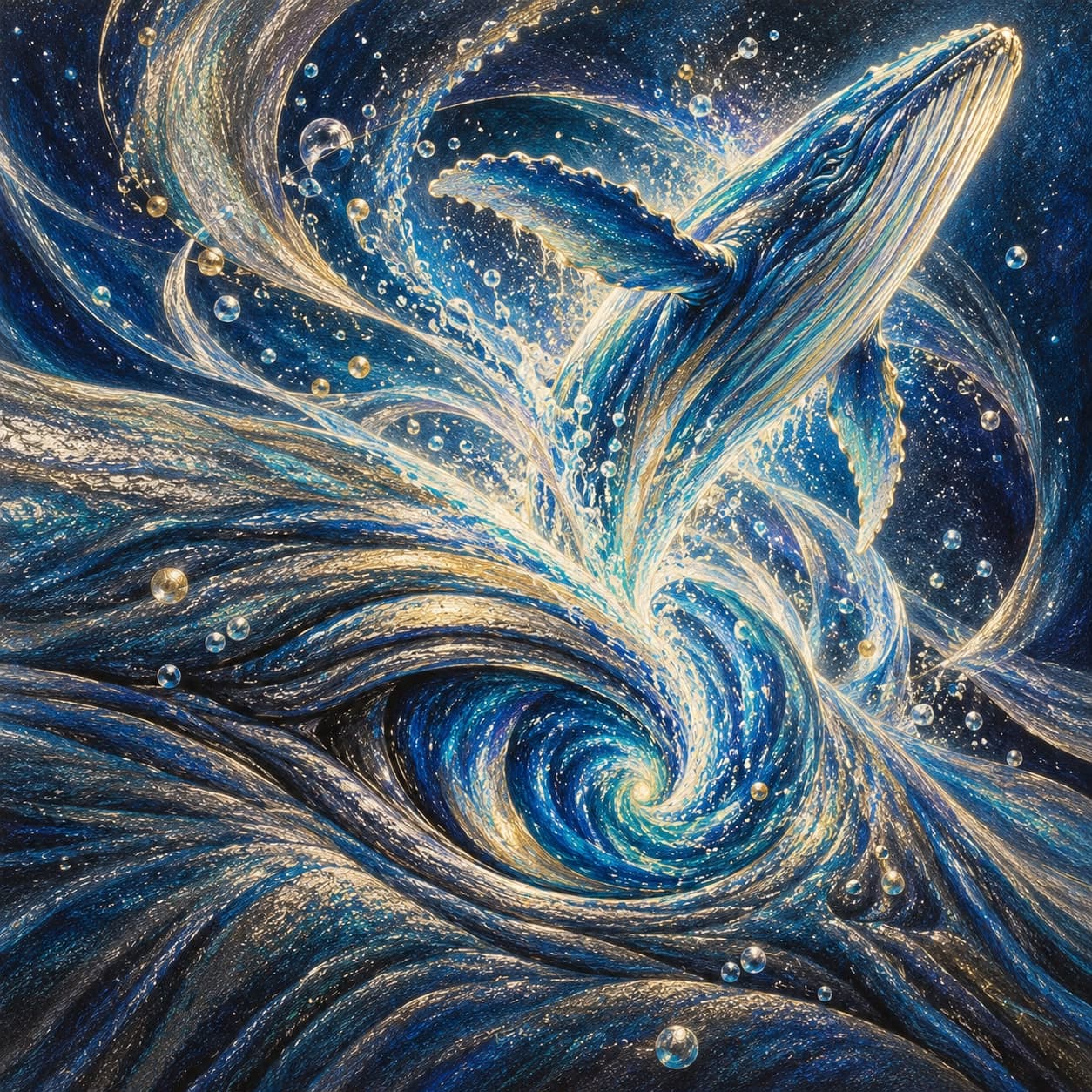 A humpback whale breaching out of a swirling blue and silver vortex that forms an eye